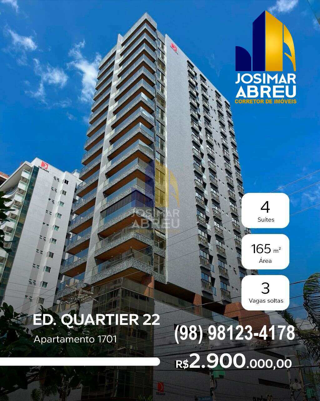 Apartamento de luxo no Quartier 22 com 4 suites 1 máster, 165m², à venda em São Luís, Ponta DAreia Apartamento de luxo no Quartier 22 com 4 suites 1 máster, 165m², à venda em São Luís, Ponta DAreia - Josimar Abreu Imóveis